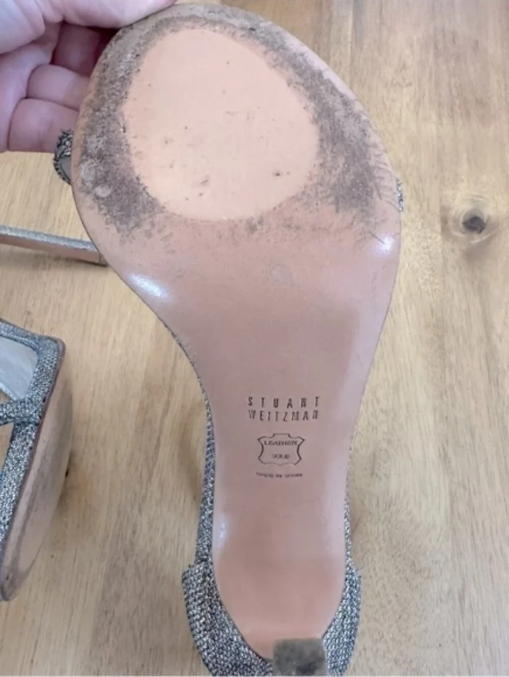 Stuart Weitzman Nudist Ankle Strap Heels Sandal in Platinum Noir, Size 9
